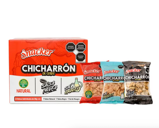 SNACKER CHICHARRÓN DE CERDO PAQUETE SURTIDO 21 PZAS DE 30 G.